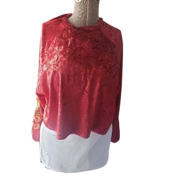 System Red Velvet Embroidered Sleeve Midi Blouse, Sz L - Picture 3 of 16